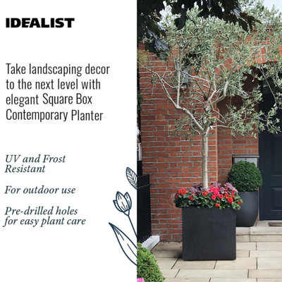 IDEALIST™ 60cm Square Planter, Dark Grey Reinforced Stone Flower Box Garden Planter, Outdoor Large Plant Pot
