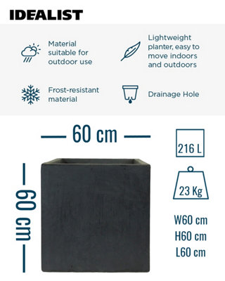 IDEALIST™ 60cm Square Planter, Dark Grey Reinforced Stone Flower Box Garden Planter, Outdoor Large Plant Pot