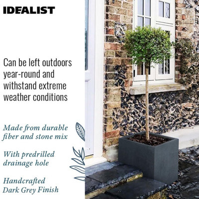IDEALIST™ 60cm Square Planter, Dark Grey Reinforced Stone Flower Box Garden Planter, Outdoor Large Plant Pot