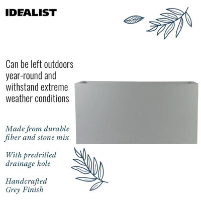 IDEALIST™ 65cm Trough Garden Planter, Grey Reinforced Stone Rectangular Planter, Outdoor Large Plant Pot H30 L65 W19 cm, 37L