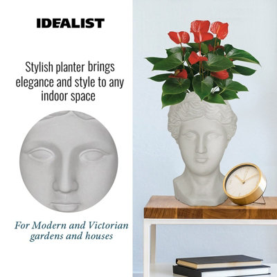 IDEALIST Antique Face Planter, White Stone Effect Pot Cover, Indoor Head Plant Pot for Indoor Plants L27 W24 H39 cm, 9.5L