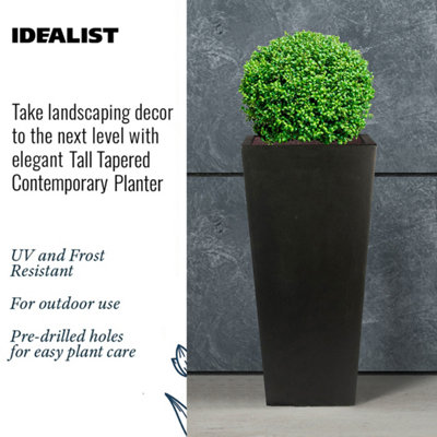 IDEALIST Black Light Concrete Garden Tall Planter, Outdoor Plant Pot with Tapered Shape H50.5 L24.5 W24.5 cm, 30L