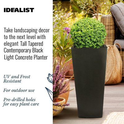 IDEALIST Black Light Concrete Garden Tall Planter, Outdoor Plant Pot with Tapered Shape H65 L32 W32 cm, 67L