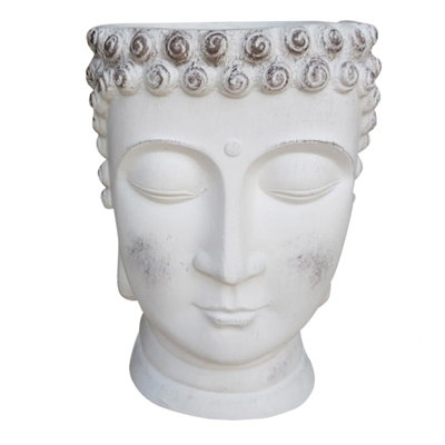 IDEALIST Buddha Face Planter,  White Stone Effect Small Pot Cover, Indoor Head Plant Pot for Indoor Plants L19 W18 H24 cm, 2.6L
