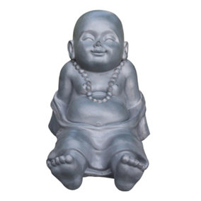IDEALIST Buddha Statue 10.2 Inch Tall, Relaxing Baby Monk, Natural Grey Stone Look Indoor and Outdoor Statue L31 W22.5 H26 cm