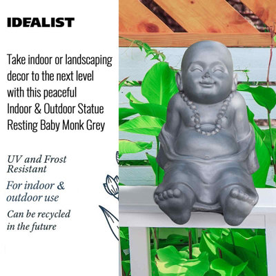 IDEALIST Buddha Statue 10.2 Inch Tall, Relaxing Baby Monk, Natural Grey Stone Look Indoor and Outdoor Statue L31 W22.5 H26 cm