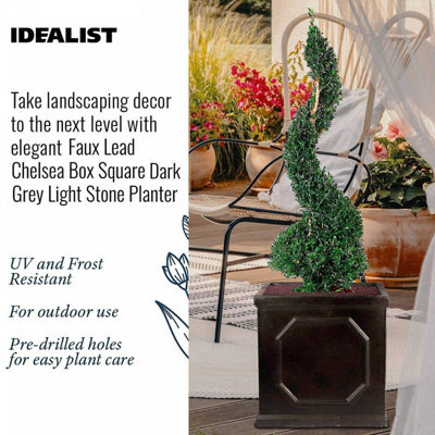 IDEALIST Chelsea Flower Box Square Garden Planter, Faux Lead Dark Grey Light Stone Outdoor Large Plant Pot W45 H45 L45 cm, 91L