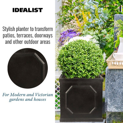IDEALIST Chelsea Flower Box Square Garden Planter, Faux Lead Dark Grey Light Stone Outdoor Plant Pot W37 H38 L37 cm, 52L