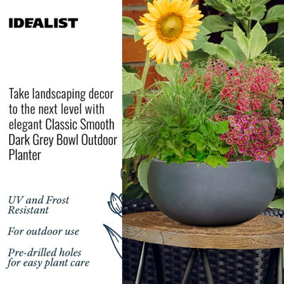 IDEALIST Classic Smooth Dark Grey Garden Bowl Planter, Outdoor Plant Pot D30.5 H14 cm, 10L