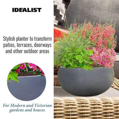 IDEALIST Classic Smooth Dark Grey Garden Bowl Planter, Outdoor Plant Pot D30.5 H14 cm, 10L