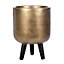 IDEALIST Concrete Effect Gold Round Planter with Legs, Round Indoor Plant Pot Stand for Indoor Plants D25 H34 cm, 9L
