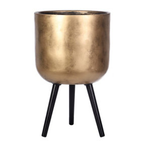 IDEALIST Concrete Effect Gold Round Planter with Legs, Round Indoor Plant Pot Stand for Indoor Plants D37 H61 cm, 32L