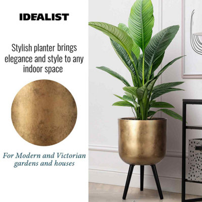 IDEALIST Concrete Effect Gold Round Planter with Legs, Round Indoor Plant Pot Stand for Indoor Plants D37 H61 cm, 32L