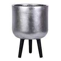 IDEALIST Concrete Effect Silver Round Planter with Legs, Round Indoor Plant Pot Stand for Indoor Plants D30 H43 cm, 16L