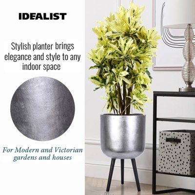 IDEALIST Concrete Effect Silver Round Planter with Legs, Round Indoor Plant Pot Stand for Indoor Plants D37 H61 cm, 32L