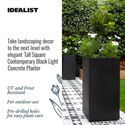 IDEALIST Contemporary Black Light Concrete Garden Tall Square Planter, Outdoor Plant Pot H60 L27 W27 cm, 44L