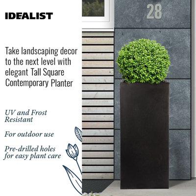 IDEALIST Contemporary Black Light Concrete Garden Tall Square Planter, Outdoor Plant Pot H80 L40 W40 cm, 132L