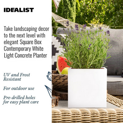 IDEALIST Contemporary Flower Box Square Garden Planter, White Light Concrete Outdoor Plant Pot H25 L25 W25 cm, 16L