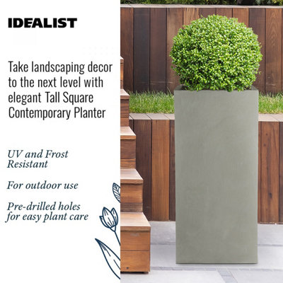 IDEALIST Contemporary Grey Light Concrete Garden Tall Square Planter, Outdoor Plant Pot H70 L33 W33 cm, 79L