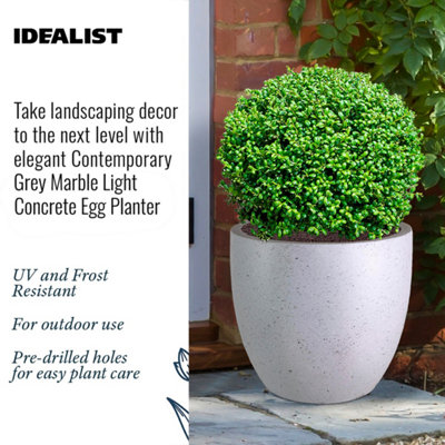 IDEALIST Contemporary Grey Marble Light Concrete Egg Garden Round Planter Large, Outdoor Plant Pot D35 H32 cm, 31L