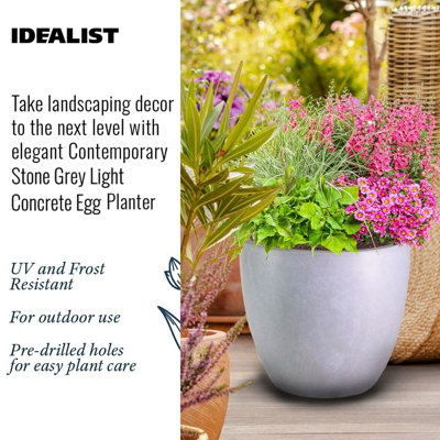 IDEALIST Contemporary Stone Grey Light Concrete Egg Garden Round Planter Large, Outdoor Plant Pot D35 H32 cm, 30L