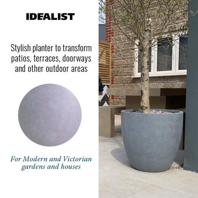 IDEALIST Contemporary Stone Grey Light Concrete Egg Garden Round Planter Large, Outdoor Plant Pot D35 H32 cm, 30L