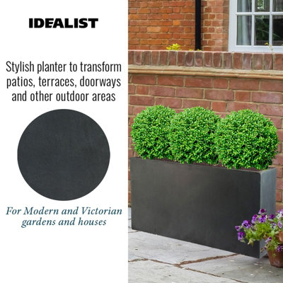 IDEALIST Contemporary Trough Garden Planter, Faux Lead Dark Grey Concrete Light Outdoor Large Plant Pot H30 L65 W19 cm, 37L