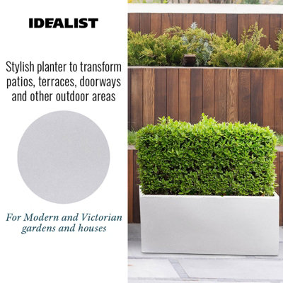 IDEALIST Contemporary Trough Garden Planter, White Concrete Light Outdoor Large Plant Pot H30 L65 W19 cm, 37L