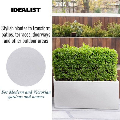IDEALIST Contemporary Trough Garden Planter, White Concrete Light Outdoor Large Plant Pot H41 L85 W26 cm, 91L