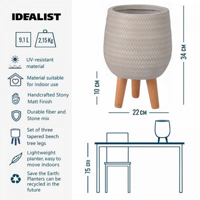 IDEALIST™ (Dia) 15cm Beige Reinforced Stone Flower Pot, Plaited Indoor Plant Pot on Legs D15 H34 cm