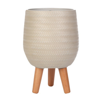 IDEALIST��™ (Dia) 19cm Beige Reinforced Stone Flower Pot, Small Plaited Indoor Plant Pot on Legs D19 H34 cm, with Inner Top D15 cm