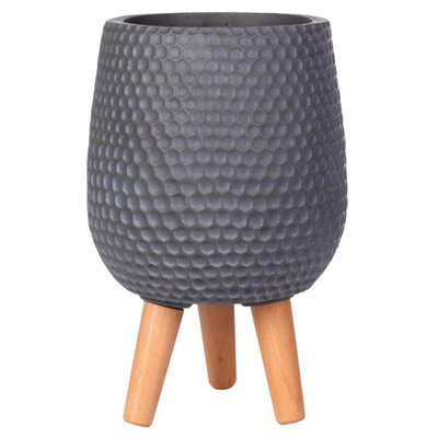 IDEALIST™ (Dia) 19cm Dark Grey Reinforced Stone Flower Pot, Small Round Indoor Plant Pot on Legs D19 H34 cm, with Inner Top D15 cm
