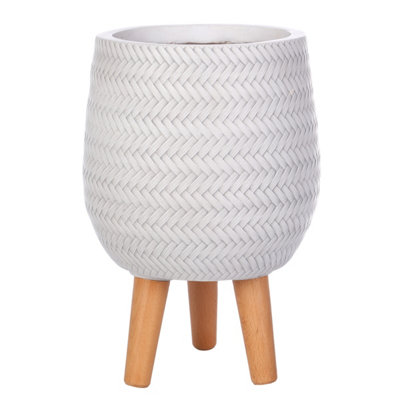 IDEALIST��™ (Dia) 19cm White Reinforced Stone Flower Pot, Small Plaited Indoor Plant Pot on Legs D19 H34 cm, with Inner Top D15 cm