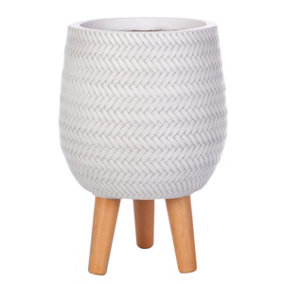 IDEALIST™ (Dia) 19cm White Reinforced Stone Flower Pot, Small Plaited Indoor Plant Pot on Legs D19 H34 cm, with Inner Top D15 cm