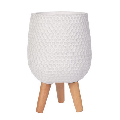 IDEALIST™ (Dia) 19cm White Reinforced Stone Flower Pot, Small Round Indoor Plant Pot on Legs D19 H34 cm, with Inner Top D15 cm