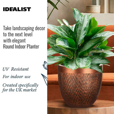 IDEALIST™ (Dia) 22cm Bronze Metallic Reinforced Stone Flower Pot, Round Planter, Indoor Plant Pot for Indoor Plants D22 H24 cm