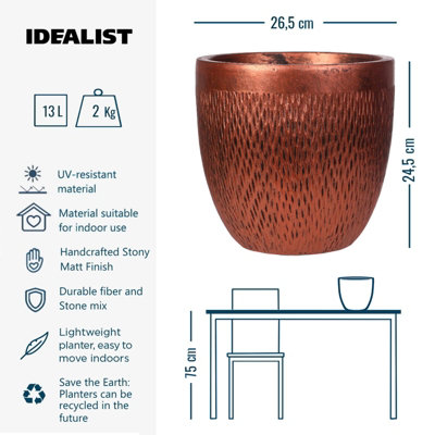 IDEALIST™ (Dia) 22cm Bronze Metallic Reinforced Stone Flower Pot, Round Planter, Indoor Plant Pot for Indoor Plants D22 H24 cm