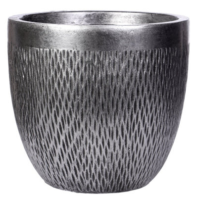 IDEALIST™ (Dia) 22cm Silver Metallic Reinforced Stone Flower Pot, Round Planter, Indoor Plant Pot for Indoor Plants D22 H24 cm