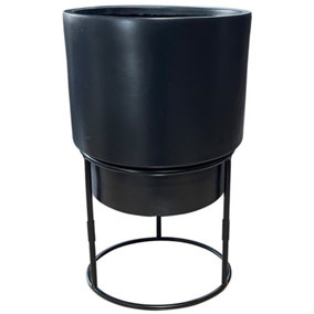 IDEALIST™ (Dia) 24cm Indoor Plant Pot, Black Reinforced Stone Round Planter on Detachable Metal Stand D24 H35 cm, 5L