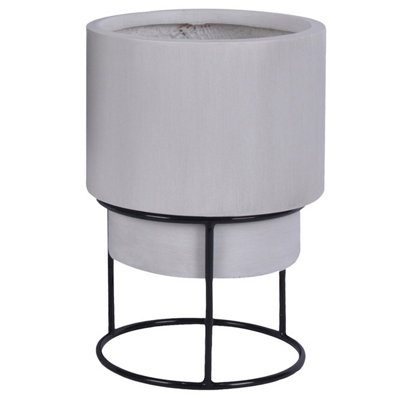 IDEALIST™ (Dia) 24cm Indoor Plant Pot, White Reinforced Stone Round Planter on Detachable Metal Stand D24 H35 cm, 5L