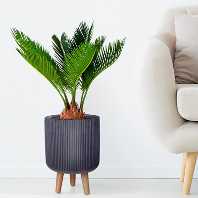 IDEALIST�™ (Dia) 25cm Black Reinforced Stone Flower Pot, Fluted Cylinder Planter on Legs, Indoor Plant Pot D25 H36 cm