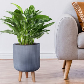 IDEALIST™ (Dia) 25cm Grey Reinforced Stone Flower Pot, Fluted Cylinder Planter on Legs, Indoor Plant Pot D25 H36 cm