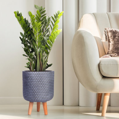 IDEALIST™ (Dia) 25cm Grey Reinforced Stone Flower Pot, Round Planter on Wooden Legs, Indoor Plant Pot for Plants D25 H34 cm