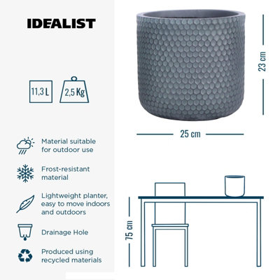 IDEALIST™ (Dia) 25cm Round Planter, Slate Grey Reinforced Stone Outdoor Plant Pot D25 H23 cm, 11L
