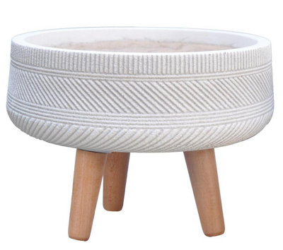 IDEALIST™ (Dia) 25cm White Reinforced Stone Flower Pot, Striped Bowl Planter on Wooden Legs, Indoor Plant Pot D25 H22 cm, 5L