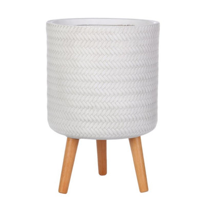 IDEALIST™ (Dia) 26cm White Reinforced Stone Flower Pot, Plaited Cylinder Planter on Wooden Legs, Indoor Plant Pot D26 H46 cm, 17L