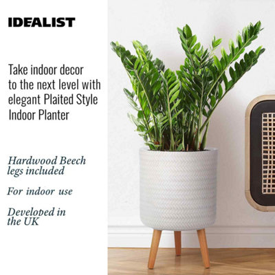 IDEALIST™ (Dia) 26cm White Reinforced Stone Flower Pot, Plaited Cylinder Planter on Wooden Legs, Indoor Plant Pot D26 H46 cm, 17L