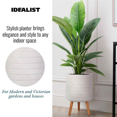 IDEALIST™ (Dia) 26cm White Reinforced Stone Flower Pot, Plaited Cylinder Planter on Wooden Legs, Indoor Plant Pot D26 H46 cm, 17L