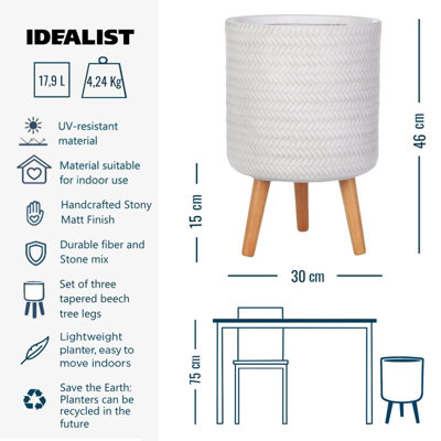 IDEALIST™ (Dia) 26cm White Reinforced Stone Flower Pot, Plaited Cylinder Planter on Wooden Legs, Indoor Plant Pot D26 H46 cm, 17L