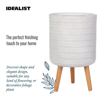 IDEALIST™ (Dia) 26cm White Reinforced Stone Flower Pot, Plaited Cylinder Planter on Wooden Legs, Indoor Plant Pot D26 H46 cm, 17L